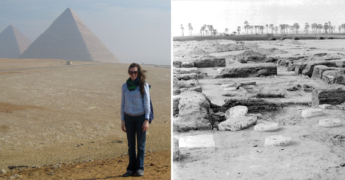 Dr. Lisa Haney standing in front of Egyptian pyramids