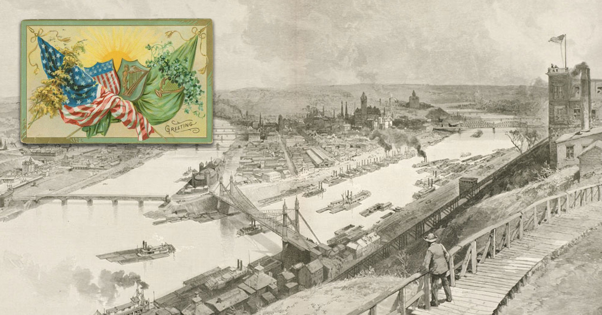 old map of Pittsburgh with American and Irish flags