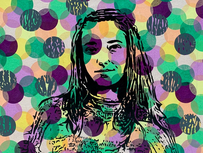 student artwork showing a black line drawing portrait of a teenage girl covered in large colorful polka dots