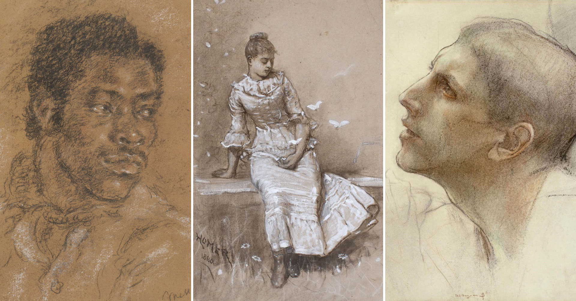 Three charcoal portraits by Messel, Homer, and Dagnan-Bouver