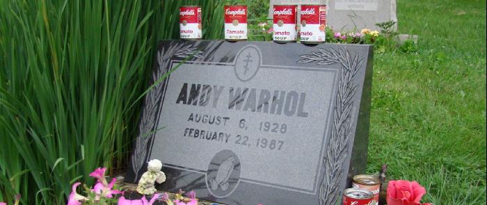 Andy Warhol's grave with soup cans.